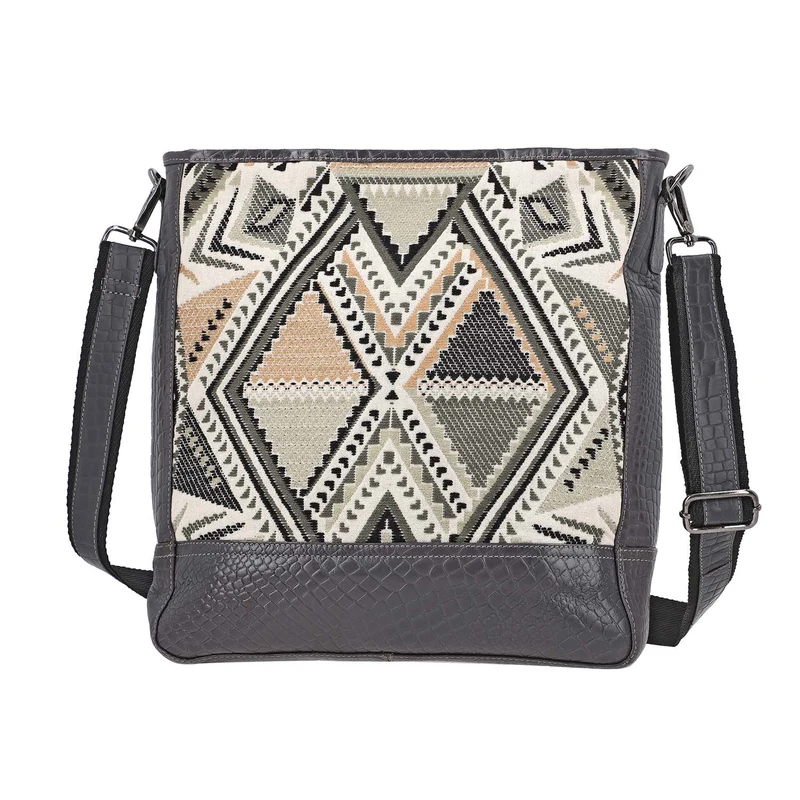 Croco Embossed Genuine Leather and Jacquard Crossbody Bag with Laptop Sleeves SIZE: 35.56(L)x11.45(W)x34.30(W) CM COLOR: Dark Gray