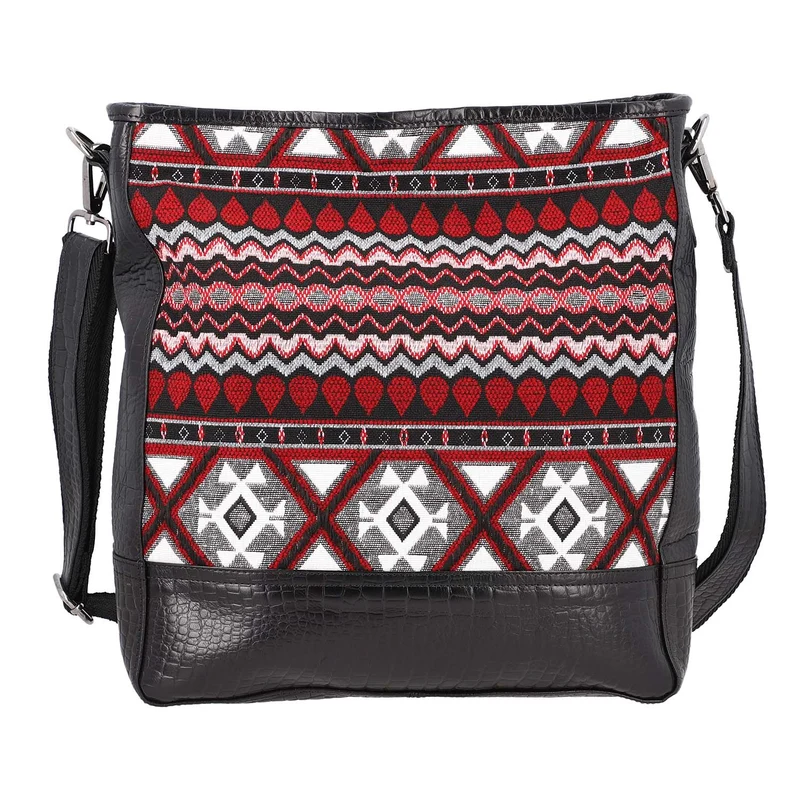 Croco Embossed Genuine Leather and Jacquard Crossbody Bag with Laptop Sleeves SIZE: 35.56(L)x11.45(W)x34.30(W) CM COLOR: Dark Gray