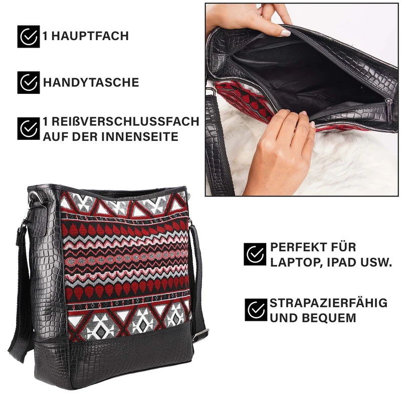 Croco Embossed Genuine Leather and Jacquard Crossbody Bag with Laptop Sleeves SIZE: 35.56(L)x11.45(W)x34.30(W) CM COLOR: Dark Gray