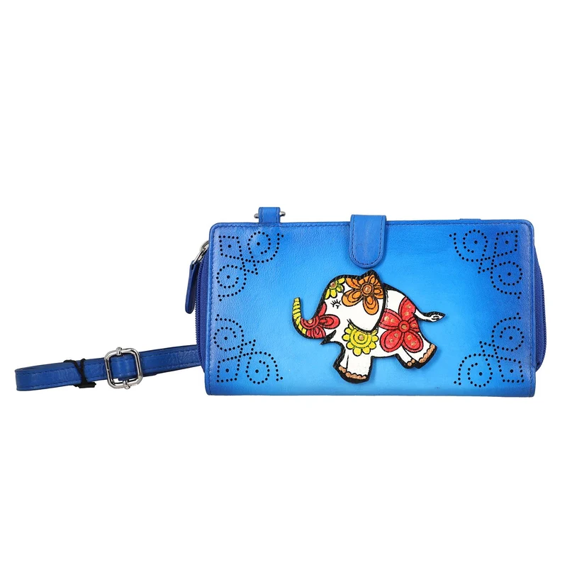SUKRITI - 100% echter Leder: handbemalte 2-in-1 Brieftasche und adjustable Crossbody Elephant. Größe: 20 x 2.8 x 11 Blau