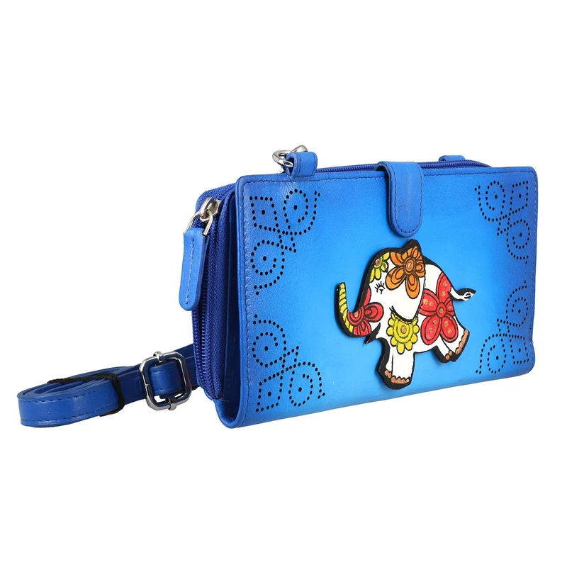 SUKRITI - 100% echter Leder: handbemalte 2-in-1 Brieftasche und adjustable Crossbody Elephant. Größe: 20 x 2.8 x 11 Blau