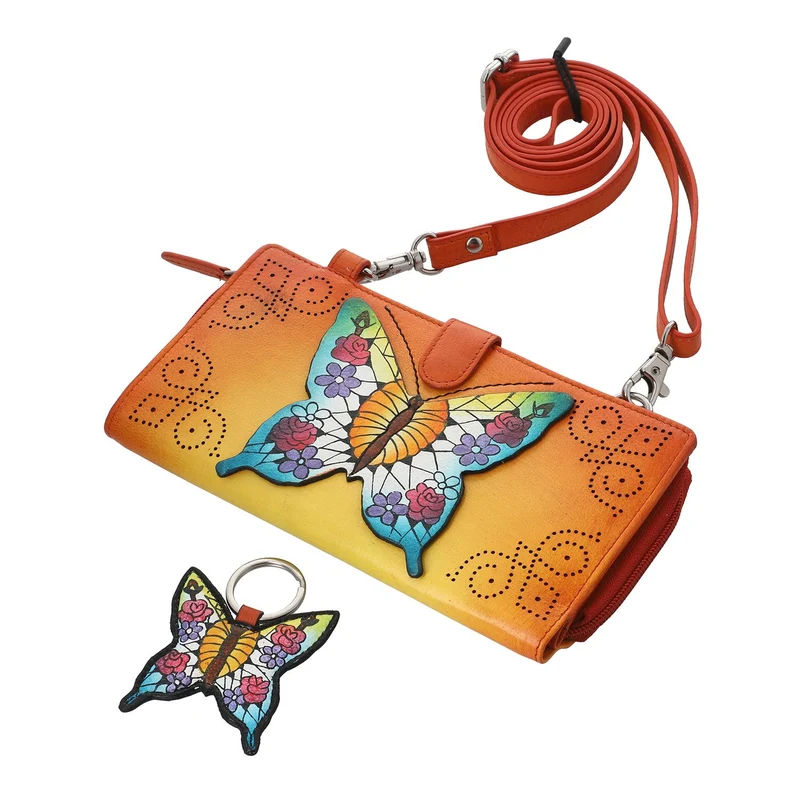 SUKRITI - 100% echter Leder: handbemalte 2-in-1 Brieftasche und adjustable Crossbody Elephant. Größe: 20 x 2.8 x 11 Blau