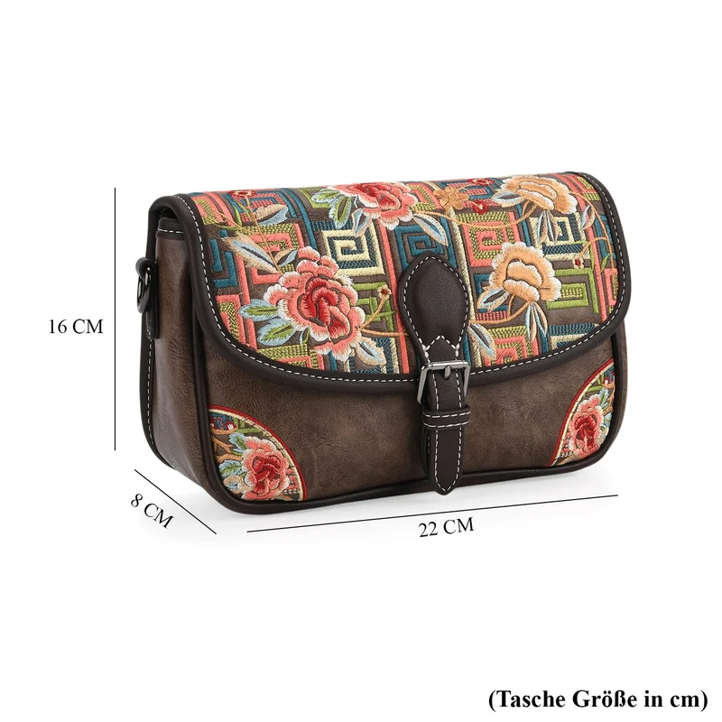 Bestickte Kunstleder Crossbody Tasche, Blumen Design, 22 x 8 x 16 cm, Schwarz