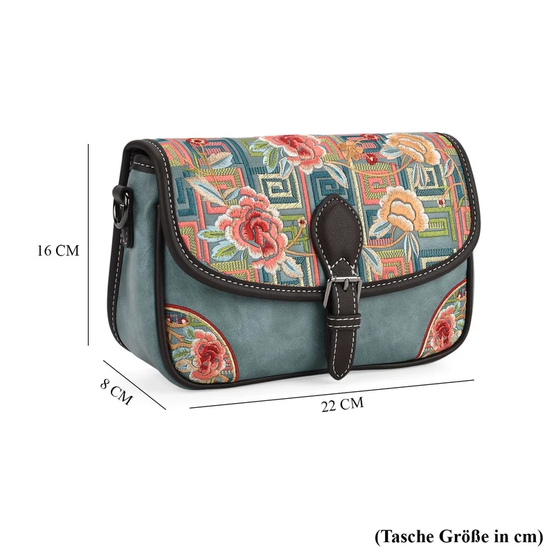Bestickte Kunstleder Crossbody Tasche, Blumen Design, 22 x 8 x 16 cm, Schwarz