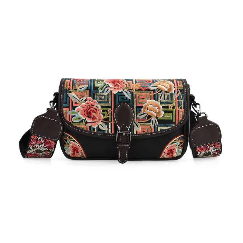Bestickte Kunstleder Crossbody Tasche, Blumen Design, 22 x 8 x 16 cm, Schwarz