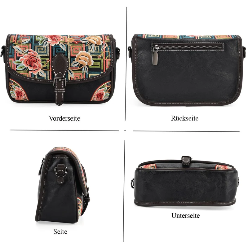 Bestickte Kunstleder Crossbody Tasche, Blumen Design, 22 x 8 x 16 cm, Schwarz