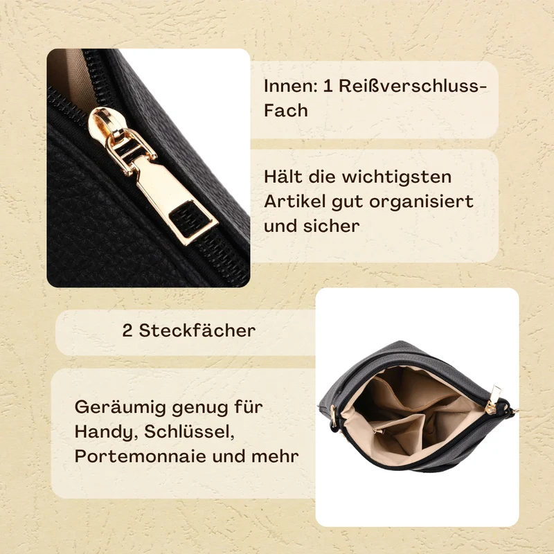 Crossbody-Tasche mit mehreren Reißverschlussfächern, gemustertem Schulterriemen, 23x26 cm, Braun
