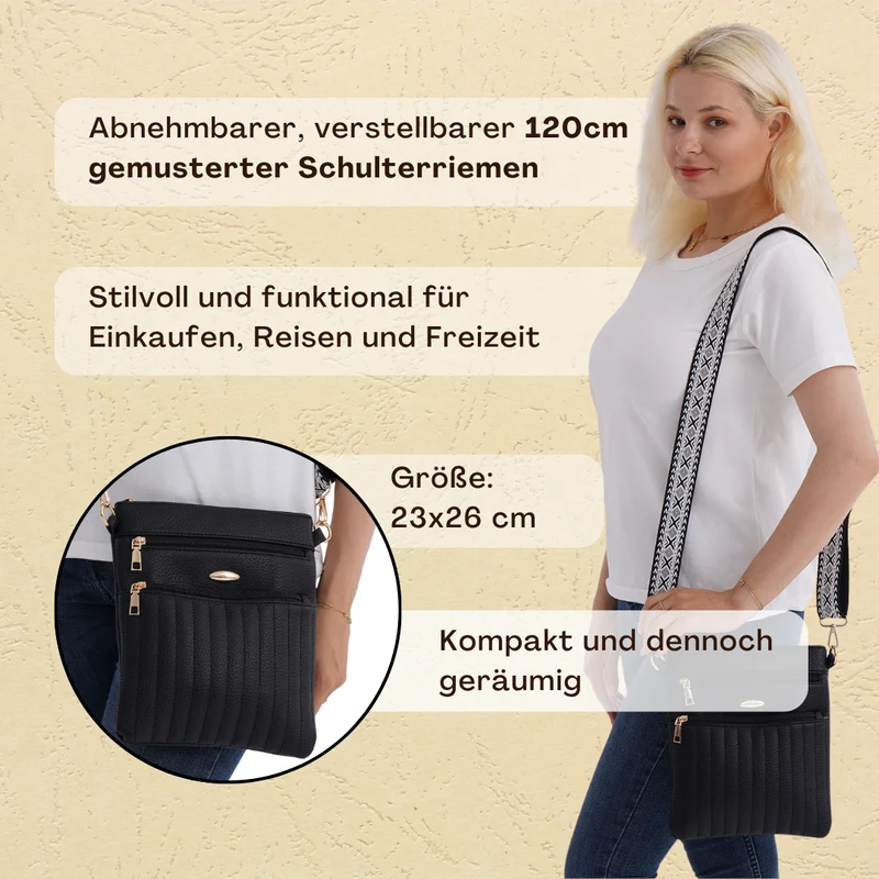 Crossbody-Tasche mit mehreren Reißverschlussfächern, gemustertem Schulterriemen, 23x26 cm, Braun
