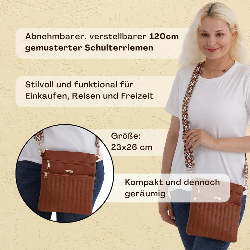 Crossbody-Tasche mit mehreren Reißverschlussfächern, gemustertem Schulterriemen, 23x26 cm, Braun
