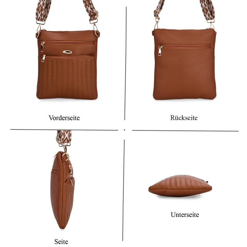 Crossbody-Tasche mit mehreren Reißverschlussfächern, gemustertem Schulterriemen, 23x26 cm, Braun