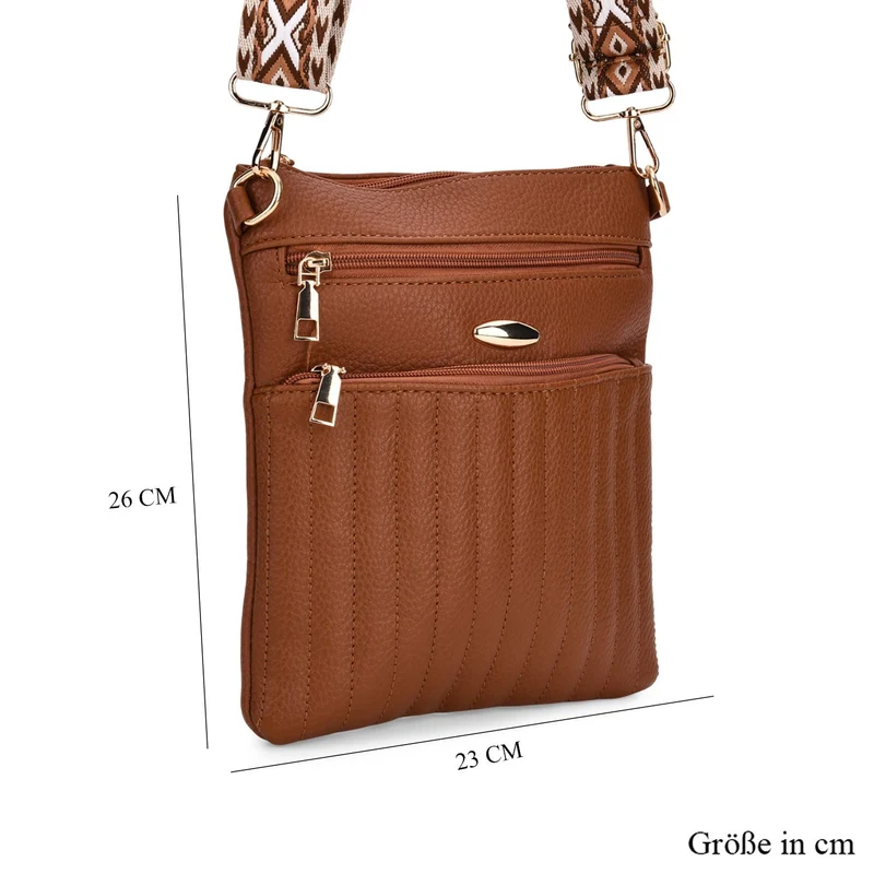 Crossbody-Tasche mit mehreren Reißverschlussfächern, gemustertem Schulterriemen, 23x26 cm, Braun