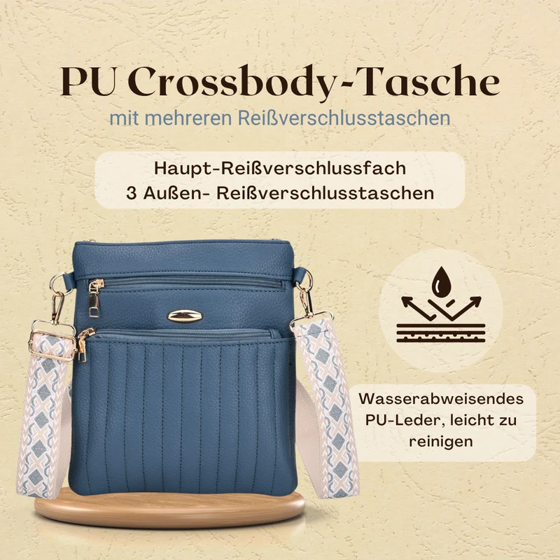 Crossbody-Tasche mit mehreren Reißverschlussfächern, gemustertem Schulterriemen, 23x26 cm, Braun