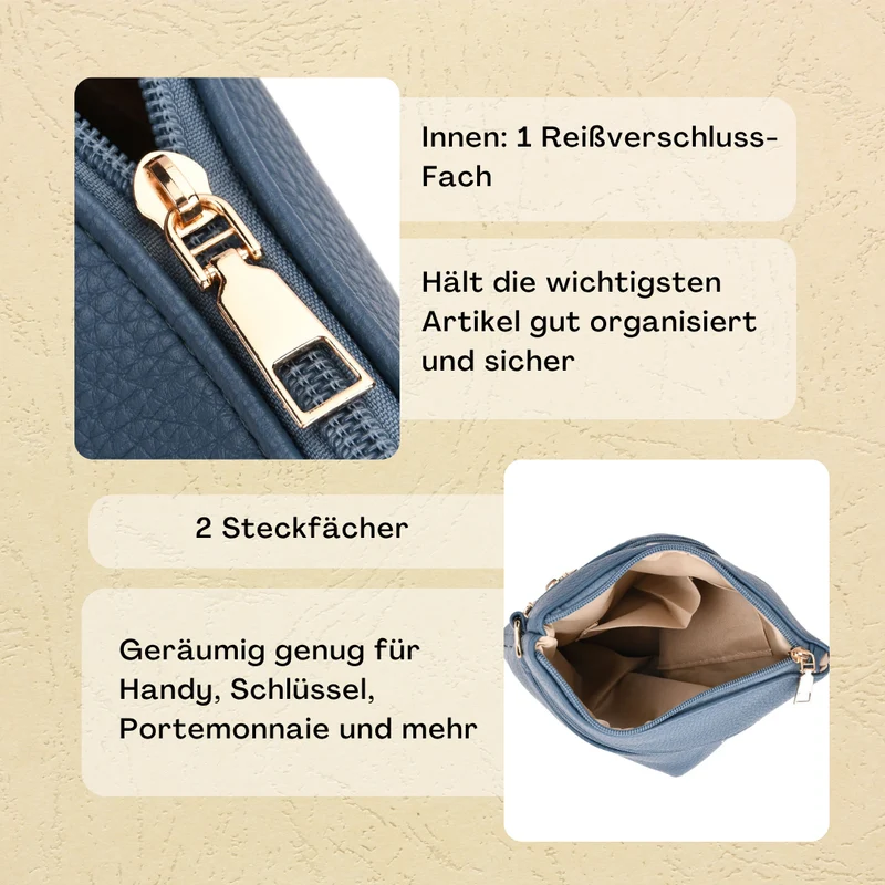 Crossbody-Tasche mit mehreren Reißverschlussfächern, gemustertem Schulterriemen, 23x26 cm, Braun