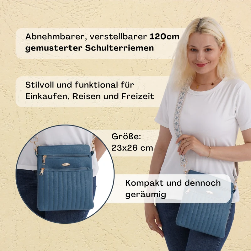 Crossbody-Tasche mit mehreren Reißverschlussfächern, gemustertem Schulterriemen, 23x26 cm, Braun