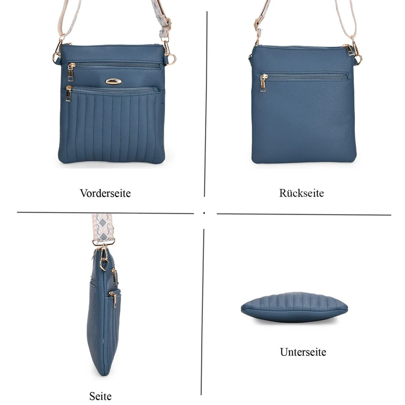 Crossbody-Tasche mit mehreren Reißverschlussfächern, gemustertem Schulterriemen, 23x26 cm, Braun