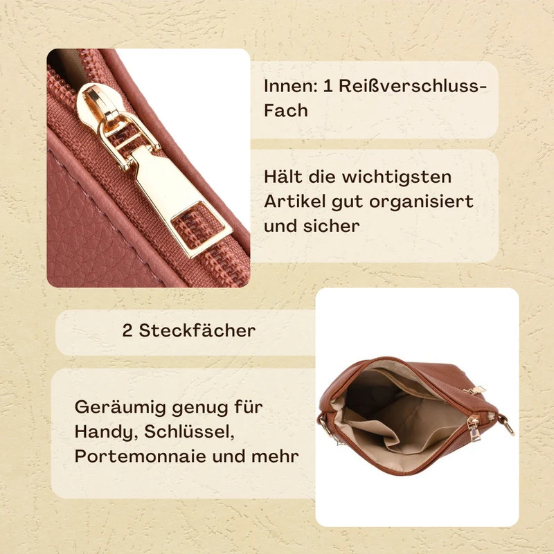 Crossbody-Tasche mit mehreren Reißverschlussfächern, gemustertem Schulterriemen, 23x26 cm, Braun