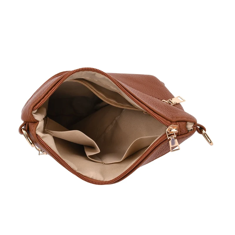 Crossbody-Tasche mit mehreren Reißverschlussfächern, gemustertem Schulterriemen, 23x26 cm, Braun