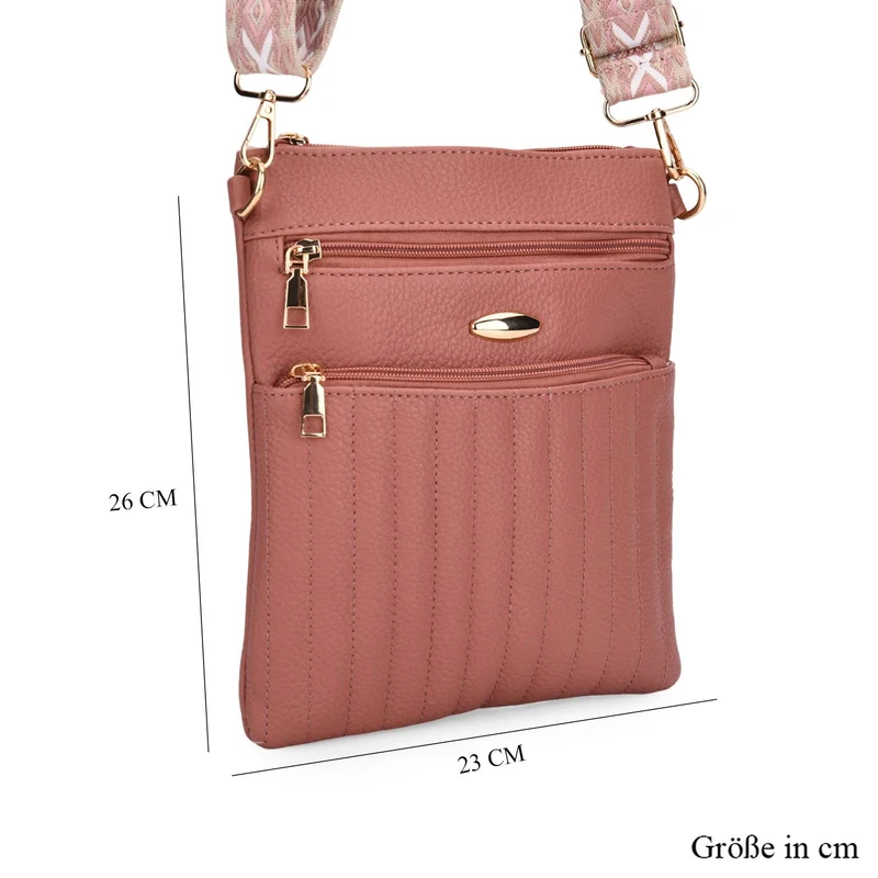 Crossbody-Tasche mit mehreren Reißverschlussfächern, gemustertem Schulterriemen, 23x26 cm, Braun