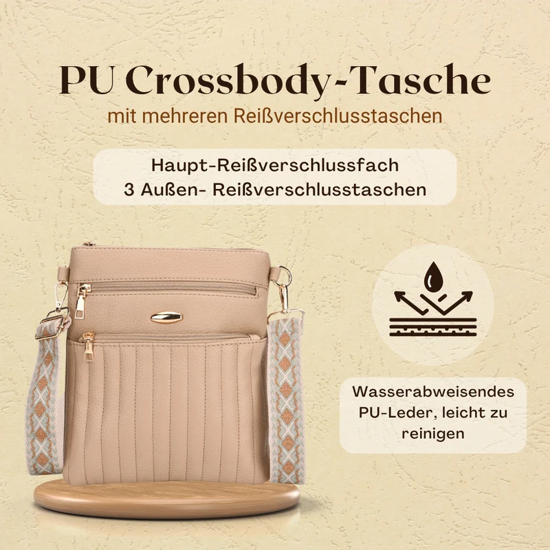 Crossbody-Tasche mit mehreren Reißverschlussfächern, gemustertem Schulterriemen, 23x26 cm, Braun