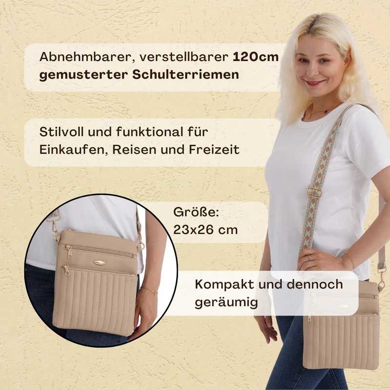 Crossbody-Tasche mit mehreren Reißverschlussfächern, gemustertem Schulterriemen, 23x26 cm, Braun