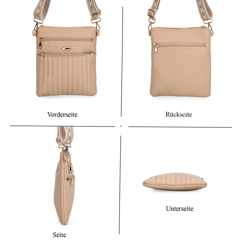Crossbody-Tasche mit mehreren Reißverschlussfächern, gemustertem Schulterriemen, 23x26 cm, Braun
