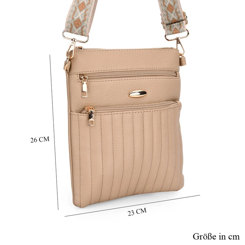 Crossbody-Tasche mit mehreren Reißverschlussfächern, gemustertem Schulterriemen, 23x26 cm, Braun
