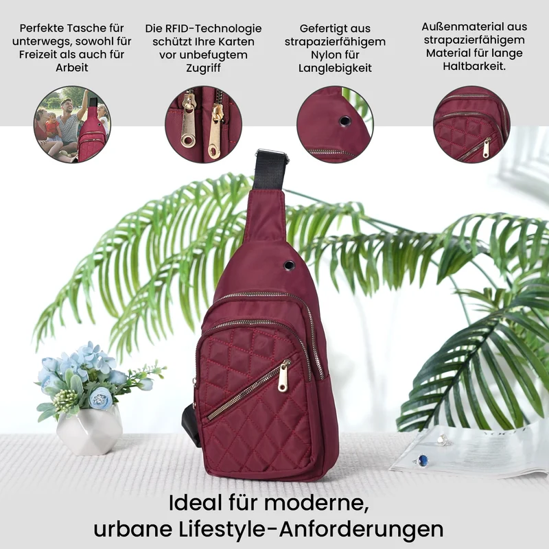 Stepp-Slingtasche mit RFID-Schutz und Kopfhöreröffnung, Größe: 17x7,5x30cm, Schwarz