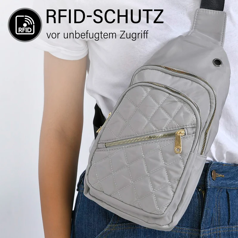 Stepp-Slingtasche mit RFID-Schutz und Kopfhöreröffnung, Größe: 17x7,5x30cm, Schwarz