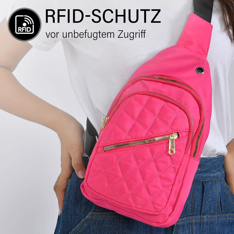 Stepp-Slingtasche mit RFID-Schutz und Kopfhöreröffnung, Größe: 17x7,5x30cm, Schwarz