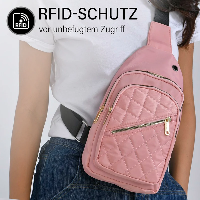 Stepp-Slingtasche mit RFID-Schutz und Kopfhöreröffnung, Größe: 17x7,5x30cm, Schwarz