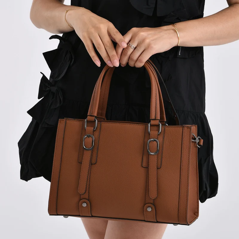 Crossbody-Tasche aus Echtleder mit Zierschnallen, 32x13x21 cm, Braun