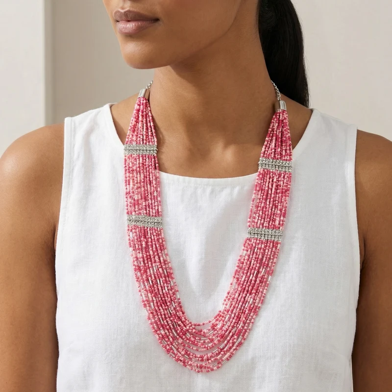 Trendige Saatperlen-Halskette in Rosa - Mehrlagiges, Gedrehtes Design mit Silberfarbenen Akzenten, 79 cm, blau