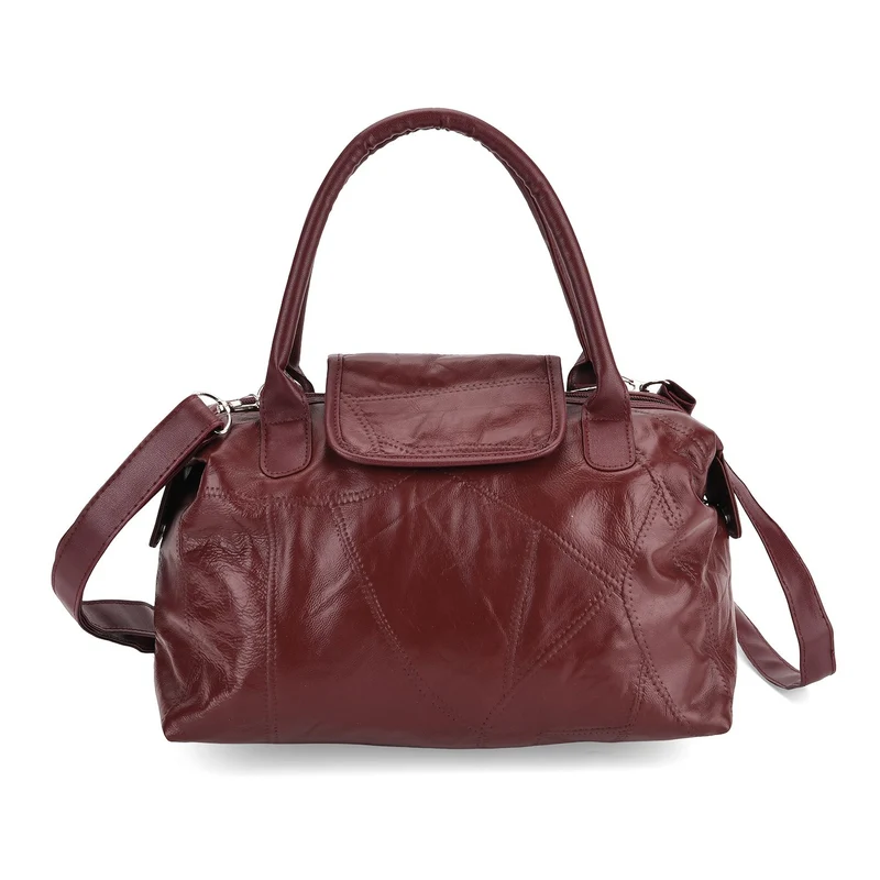 Patchwork-Reisetasche aus weichem Schafleder, mit Tragegriffen und abnehmbarem Schulterriemen, 29x15x21 cm, Burgund