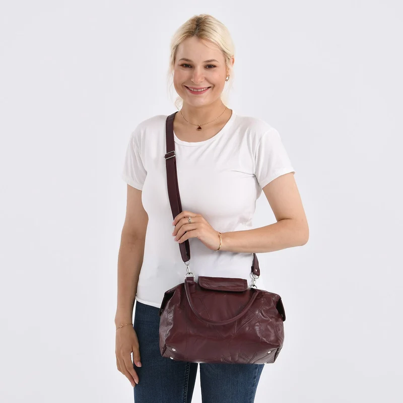 Patchwork-Reisetasche aus weichem Schafleder, mit Tragegriffen und abnehmbarem Schulterriemen, 29x15x21 cm, Burgund