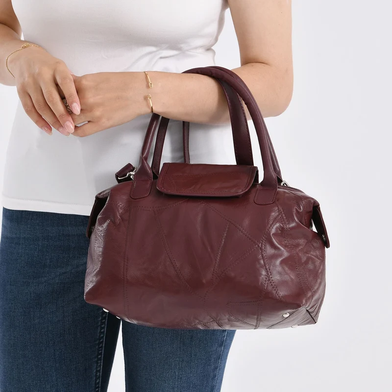 Patchwork-Reisetasche aus weichem Schafleder, mit Tragegriffen und abnehmbarem Schulterriemen, 29x15x21 cm, Burgund