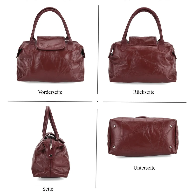 Patchwork-Reisetasche aus weichem Schafleder, mit Tragegriffen und abnehmbarem Schulterriemen, 29x15x21 cm, Burgund