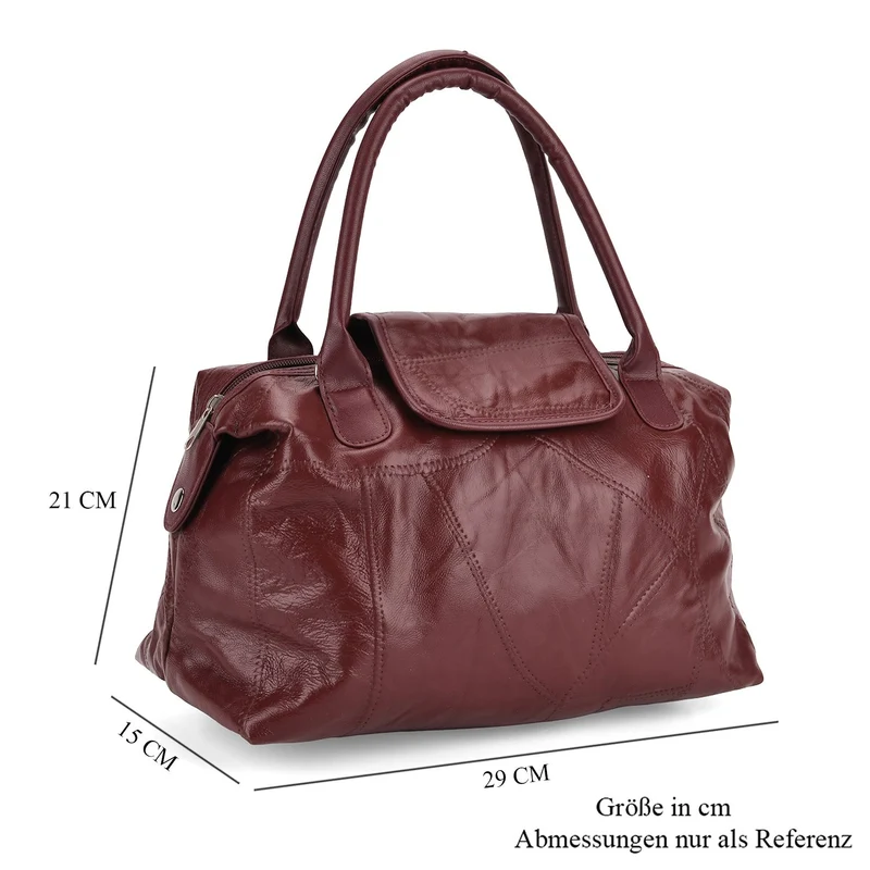 Patchwork-Reisetasche aus weichem Schafleder, mit Tragegriffen und abnehmbarem Schulterriemen, 29x15x21 cm, Burgund