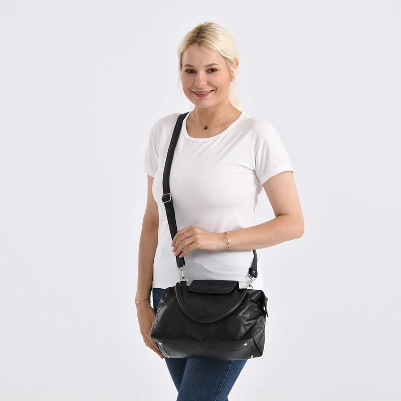Patchwork-Reisetasche aus weichem Schafleder, mit Tragegriffen und abnehmbarem Schulterriemen, 29x15x21 cm, Burgund