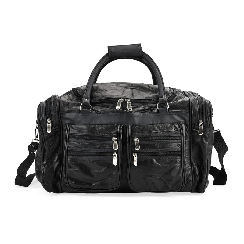 Patchwork-Reisetasche aus Schafleder mit 6 Außentaschen und Schulterriemen, 51x29x28 cm, Schwarz