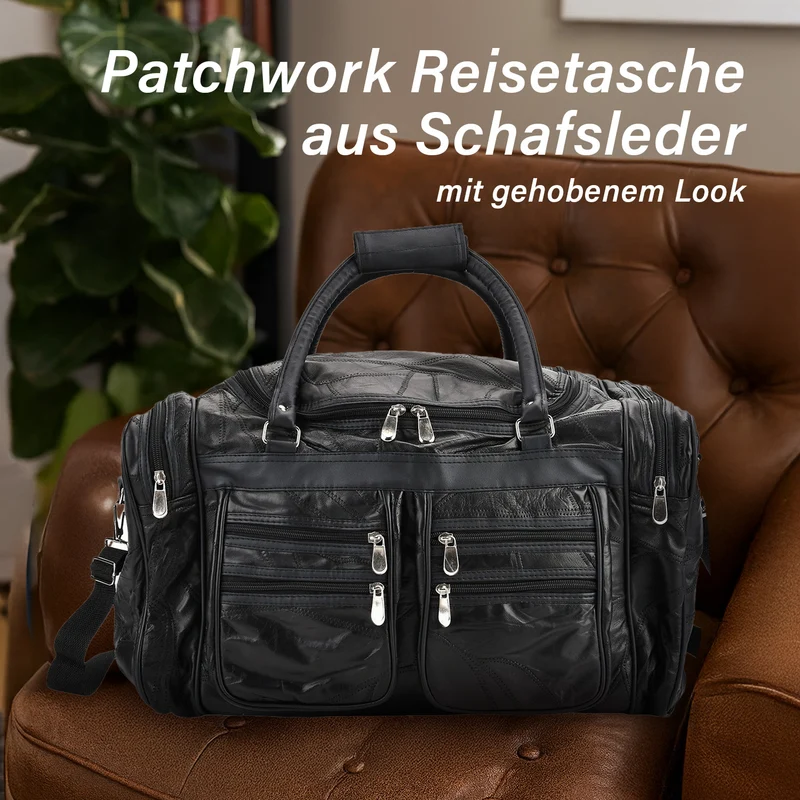 Patchwork-Reisetasche aus Schafleder mit 6 Außentaschen und Schulterriemen, 51x29x28 cm, Schwarz