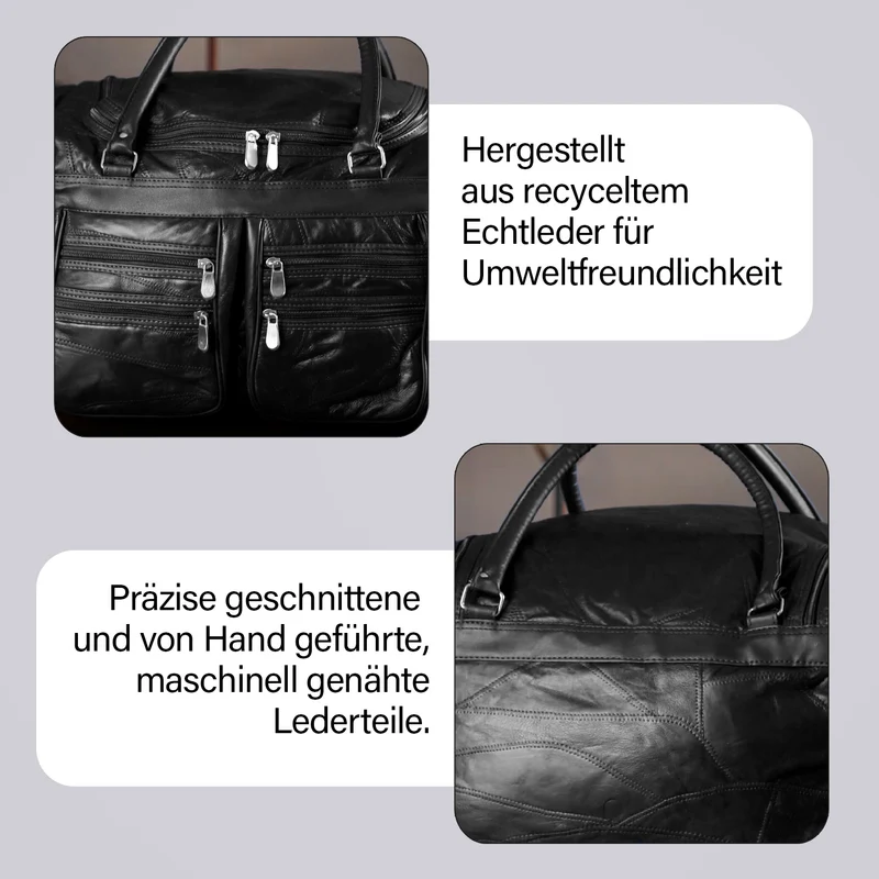 Patchwork-Reisetasche aus Schafleder mit 6 Außentaschen und Schulterriemen, 51x29x28 cm, Schwarz