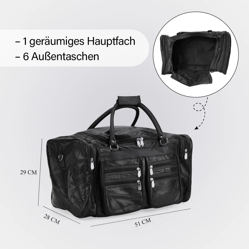 Patchwork-Reisetasche aus Schafleder mit 6 Außentaschen und Schulterriemen, 51x29x28 cm, Schwarz