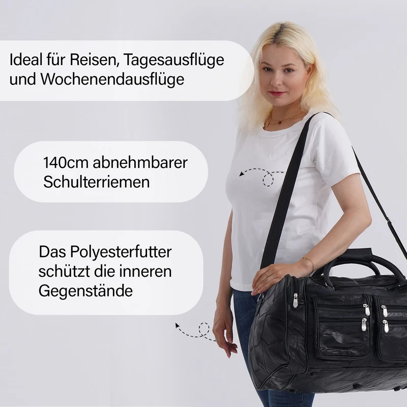 Patchwork-Reisetasche aus Schafleder mit 6 Außentaschen und Schulterriemen, 51x29x28 cm, Schwarz