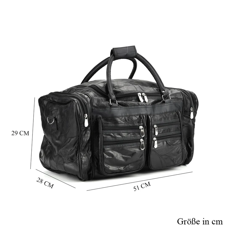 Patchwork-Reisetasche aus Schafleder mit 6 Außentaschen und Schulterriemen, 51x29x28 cm, Schwarz