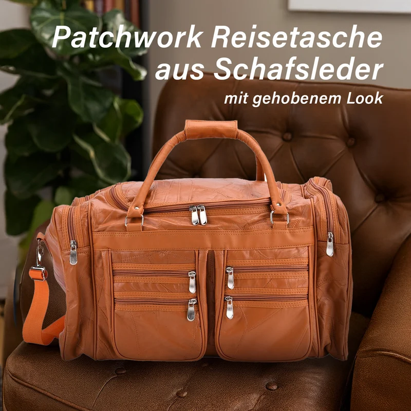 Patchwork-Reisetasche aus Schafleder mit 6 Außentaschen und Schulterriemen, 51x29x28 cm, Schwarz