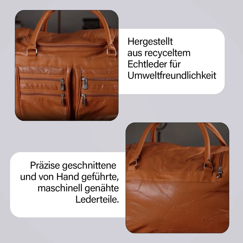Patchwork-Reisetasche aus Schafleder mit 6 Außentaschen und Schulterriemen, 51x29x28 cm, Schwarz