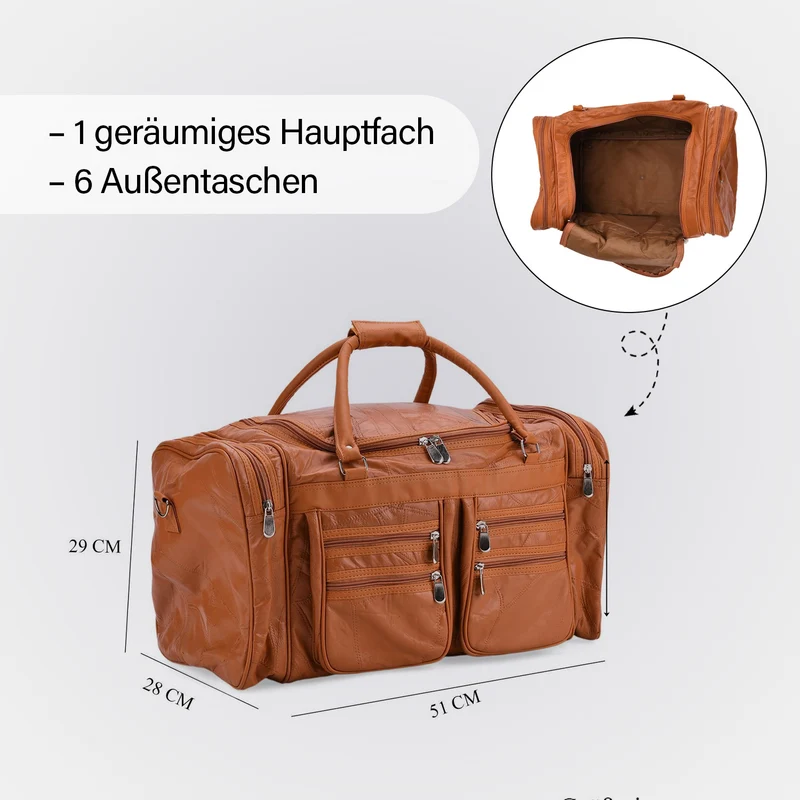 Patchwork-Reisetasche aus Schafleder mit 6 Außentaschen und Schulterriemen, 51x29x28 cm, Schwarz