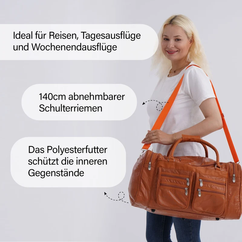 Patchwork-Reisetasche aus Schafleder mit 6 Außentaschen und Schulterriemen, 51x29x28 cm, Schwarz