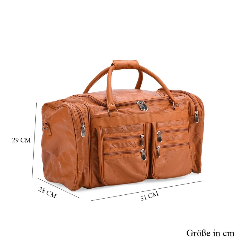 Patchwork-Reisetasche aus Schafleder mit 6 Außentaschen und Schulterriemen, 51x29x28 cm, Schwarz