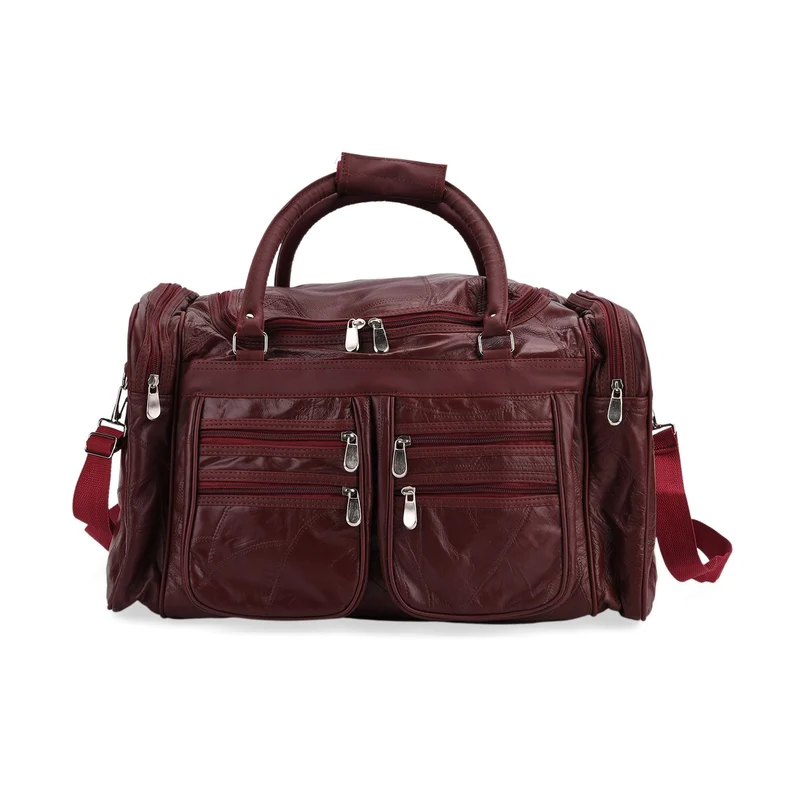 Patchwork-Reisetasche aus Schafleder mit 6 Außentaschen und Schulterriemen, 51x29x28 cm, Schwarz